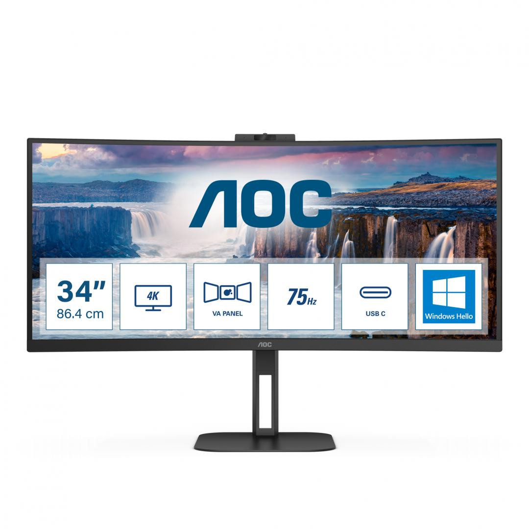 MONITOR AOC CU34V5CW/BK 34 inch, Panel Type: VA, Backlight: WLED, Resolution: 3440x1440, Aspect Ratio: 21:9, Refresh Rate:100Hz, Response time GtG: 4ms, Brightness: 300 cd/m², Contrast (static): 3000:1, Contrast (dynamic): 20M:1, Viewing angle: 178º(R/L)