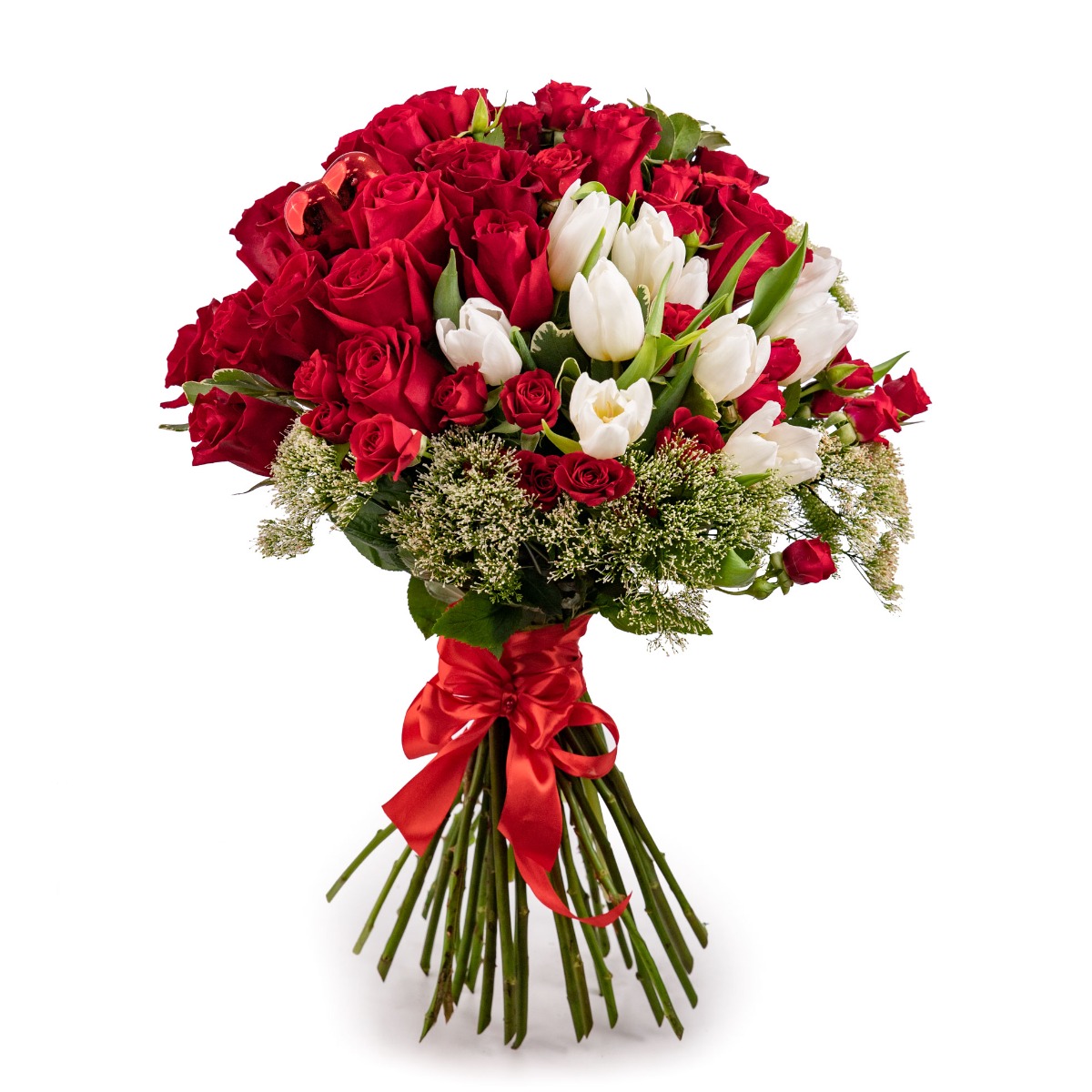 Buchet trandafiri rosii si lalele albe