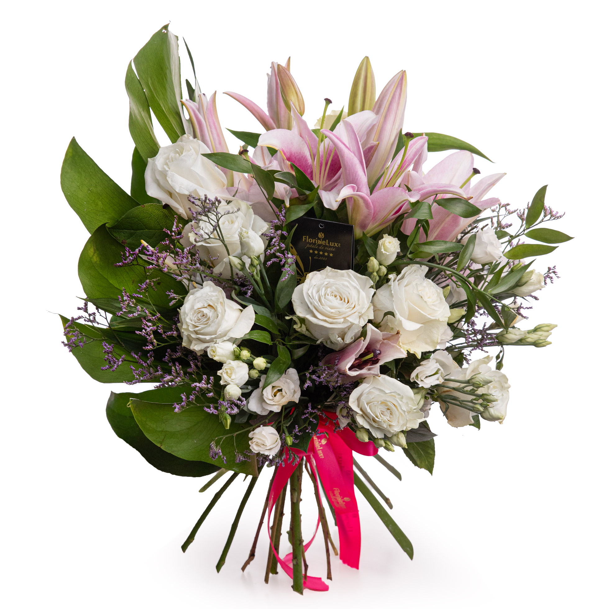 Buchet trandafiri albi si crini speciali