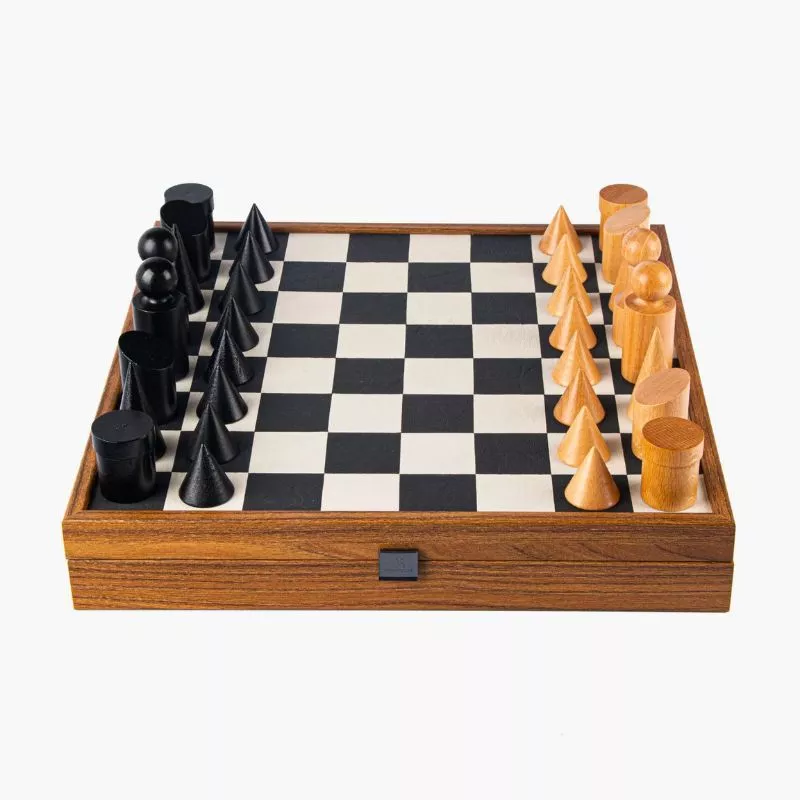 Joc Sah Bauhaus, caseta 40x40cm, tabla si piese din lemn Black-White Leatherette