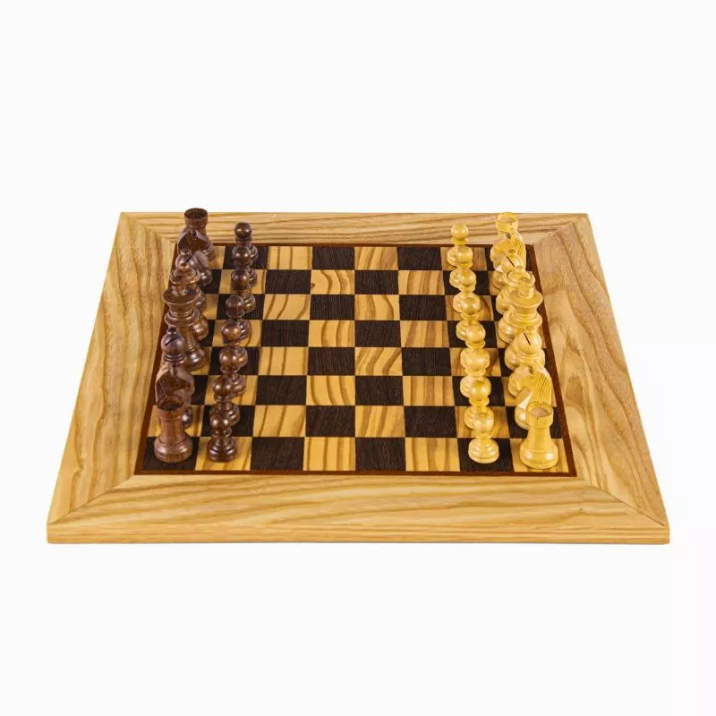 Joc Sah Staunton Nebunul de Olive, caseta 50x50cm, tabla si piese din lemn