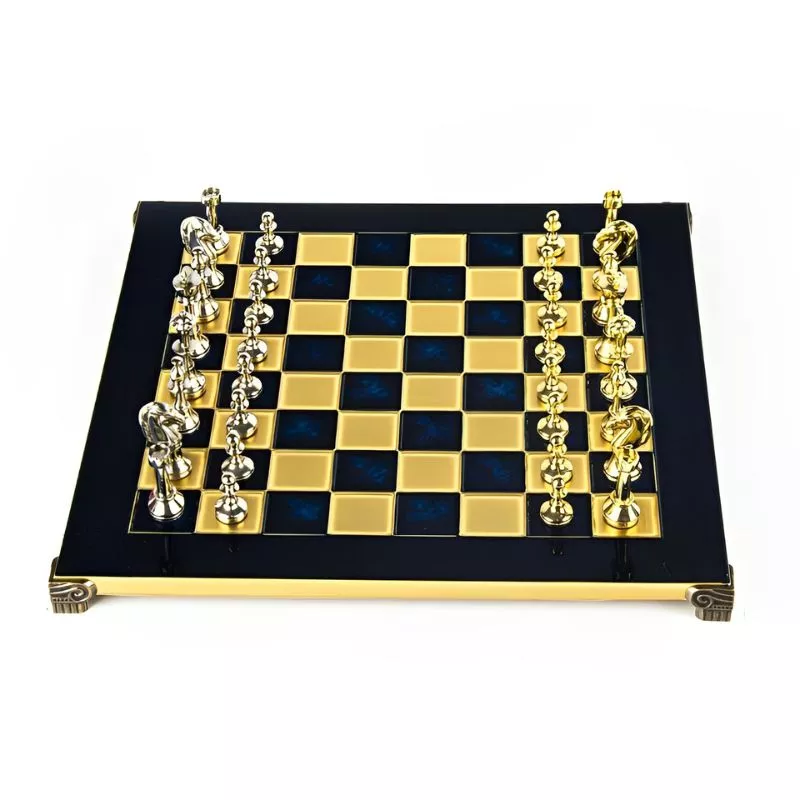 Joc Sah Classic Metal Staunton, caseta 36 x 36 cm, piese gold silver si tabla de sah Bronze Blue