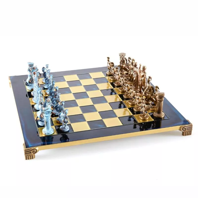 Joc Sah Partida Greco Romana, caseta 44 x 44 cm, piese gold silver si tabla de sah Bronze Blue