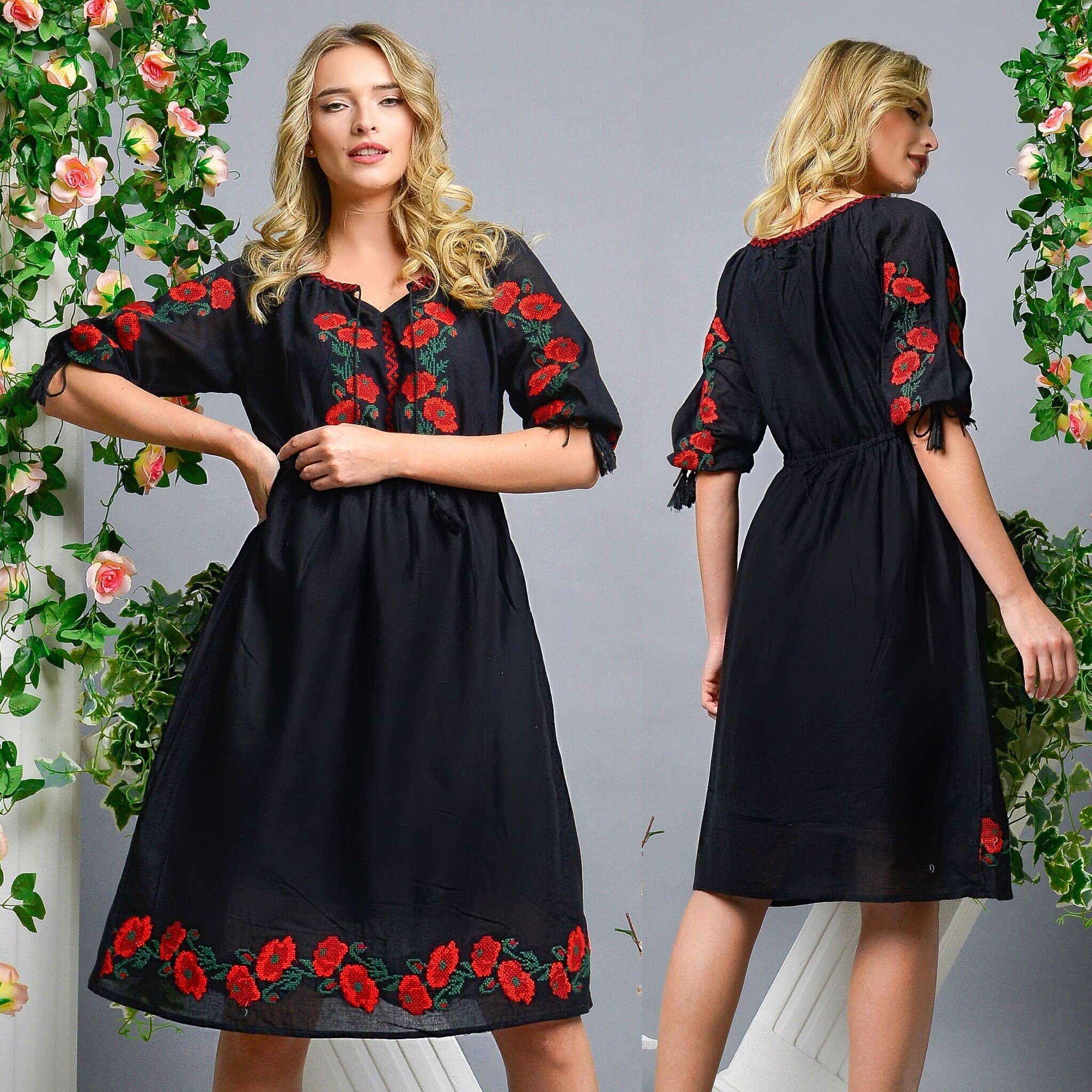 Rochie Traditionala neagra cu broderie florala - Simona - Image 2