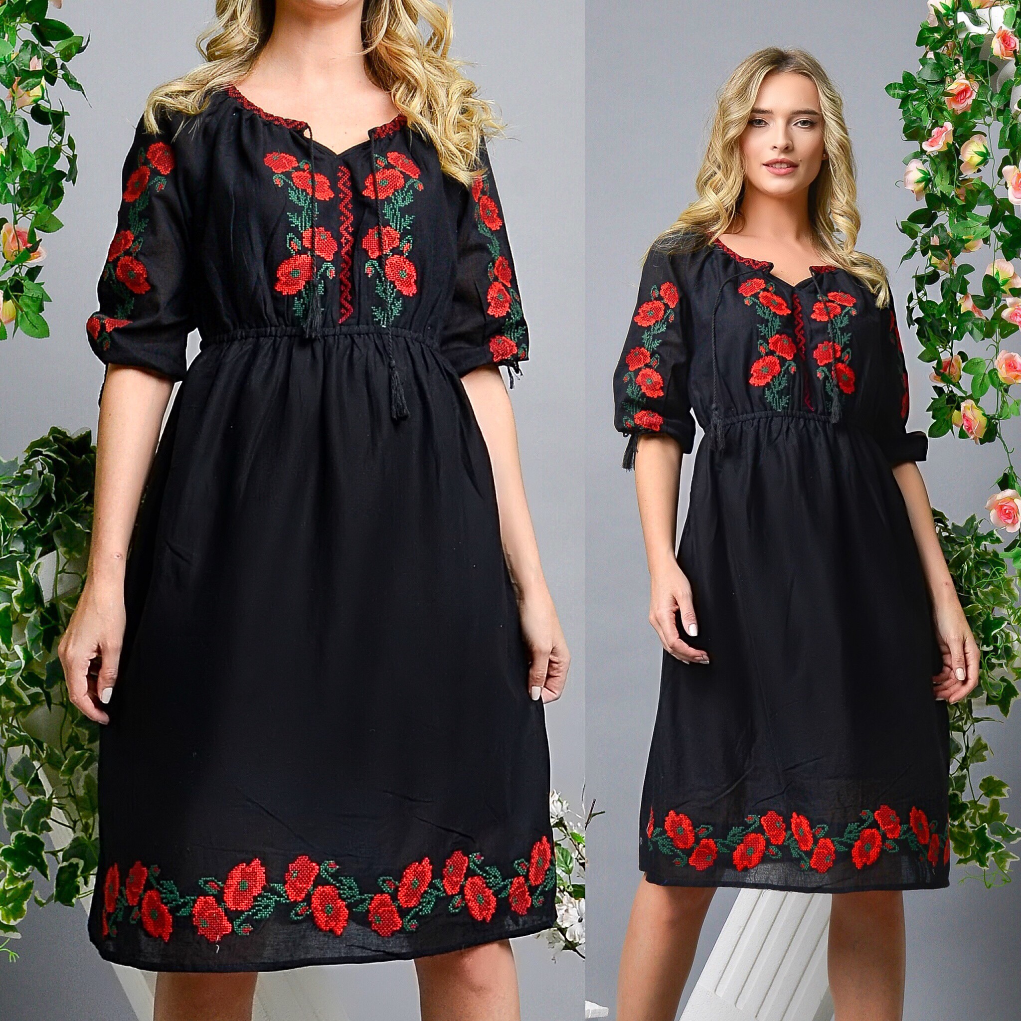 Rochie Traditionala neagra cu broderie florala - Simona - Image 3