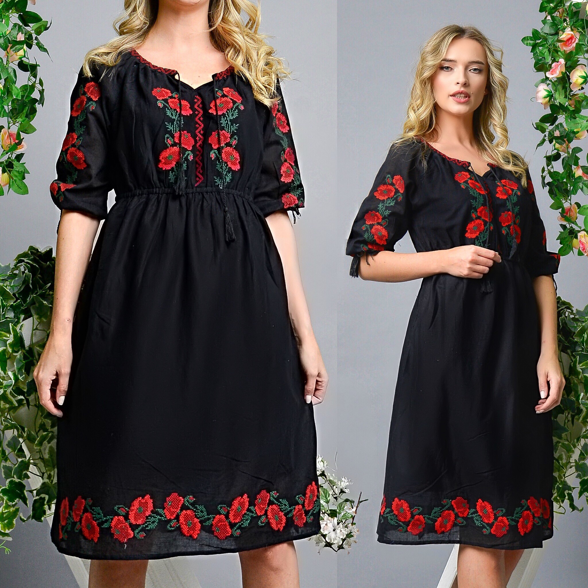 Rochie Traditionala neagra cu broderie florala - Simona - Image 4