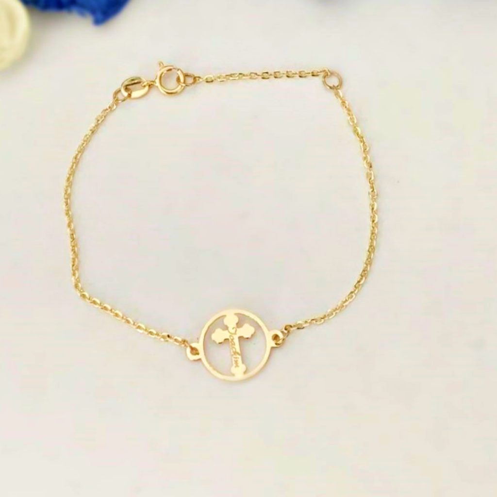 Bratara bebe-copil cu lant si cruciulita in rama – aur galben 14K Rubinul - Image 4