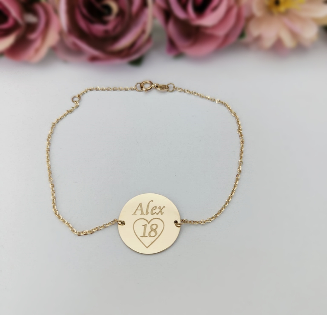 Bratara lant dama cu banut 14 mm personalizat gravura text – aur 14k Rubinul