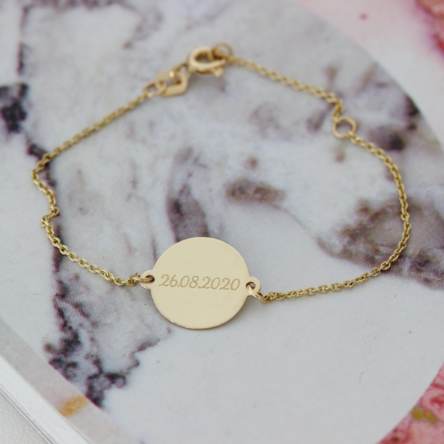Bratara lant dama cu banut 14 mm personalizat gravura text – aur 14k Rubinul - Image 2