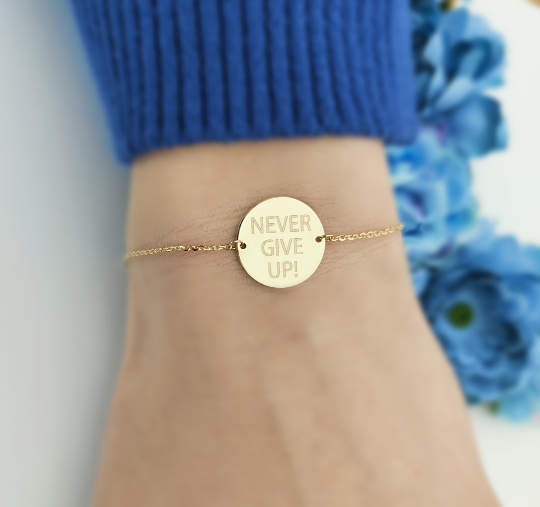 Bratara lant dama cu banut 14 mm personalizat gravura text – aur 14k Rubinul - Image 3