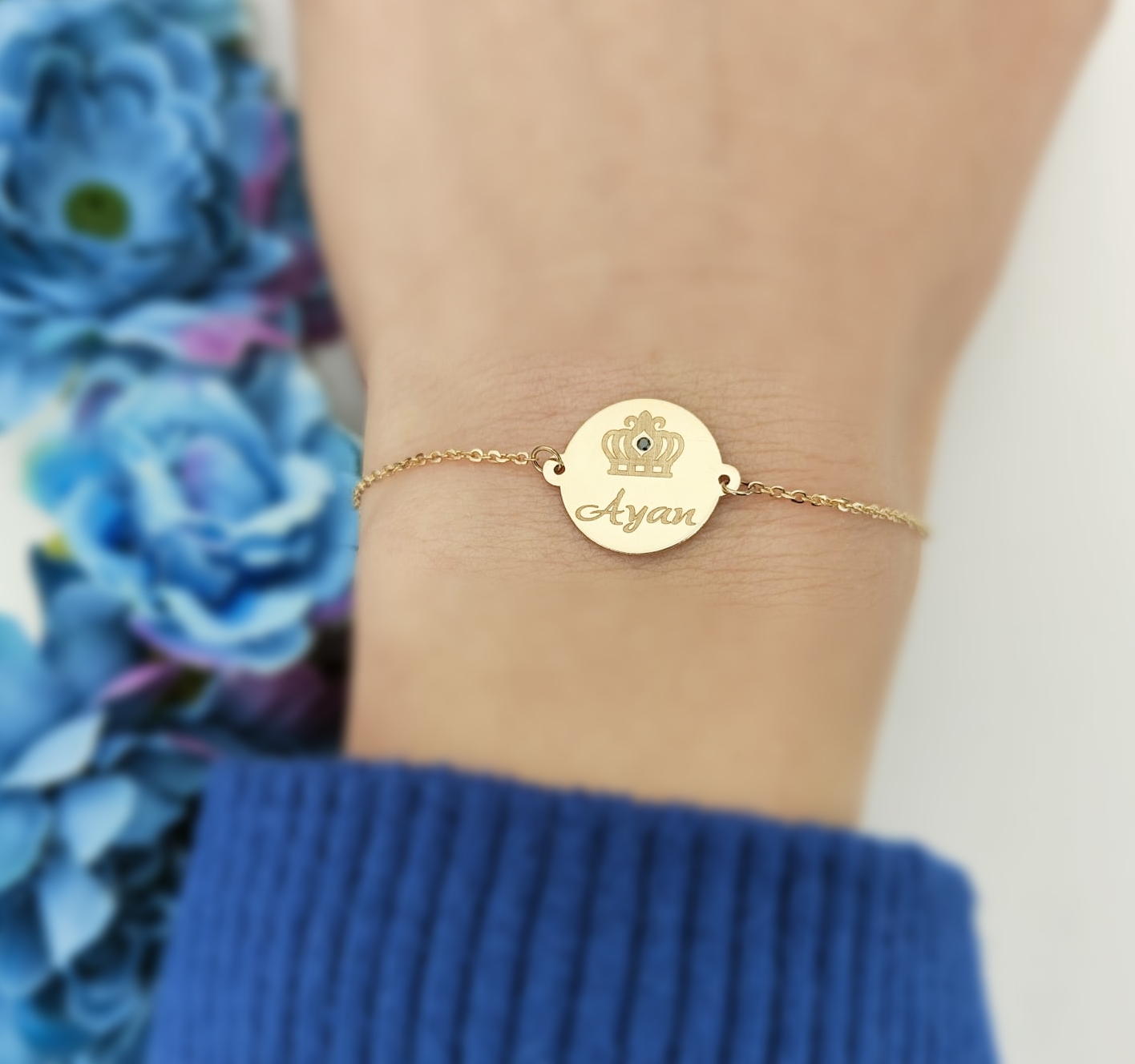 Bratara lant dama cu banut 14 mm personalizat gravura text – aur 14k Rubinul - Image 5