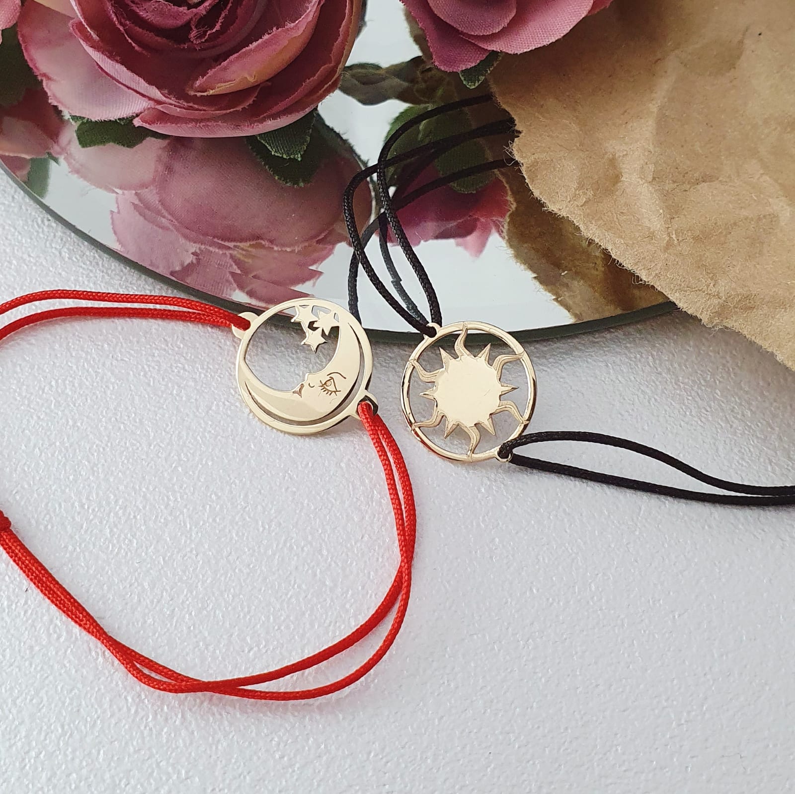 Set bratari cuplu luna si soare din aur 14K – cu snur reglabil Rubinul