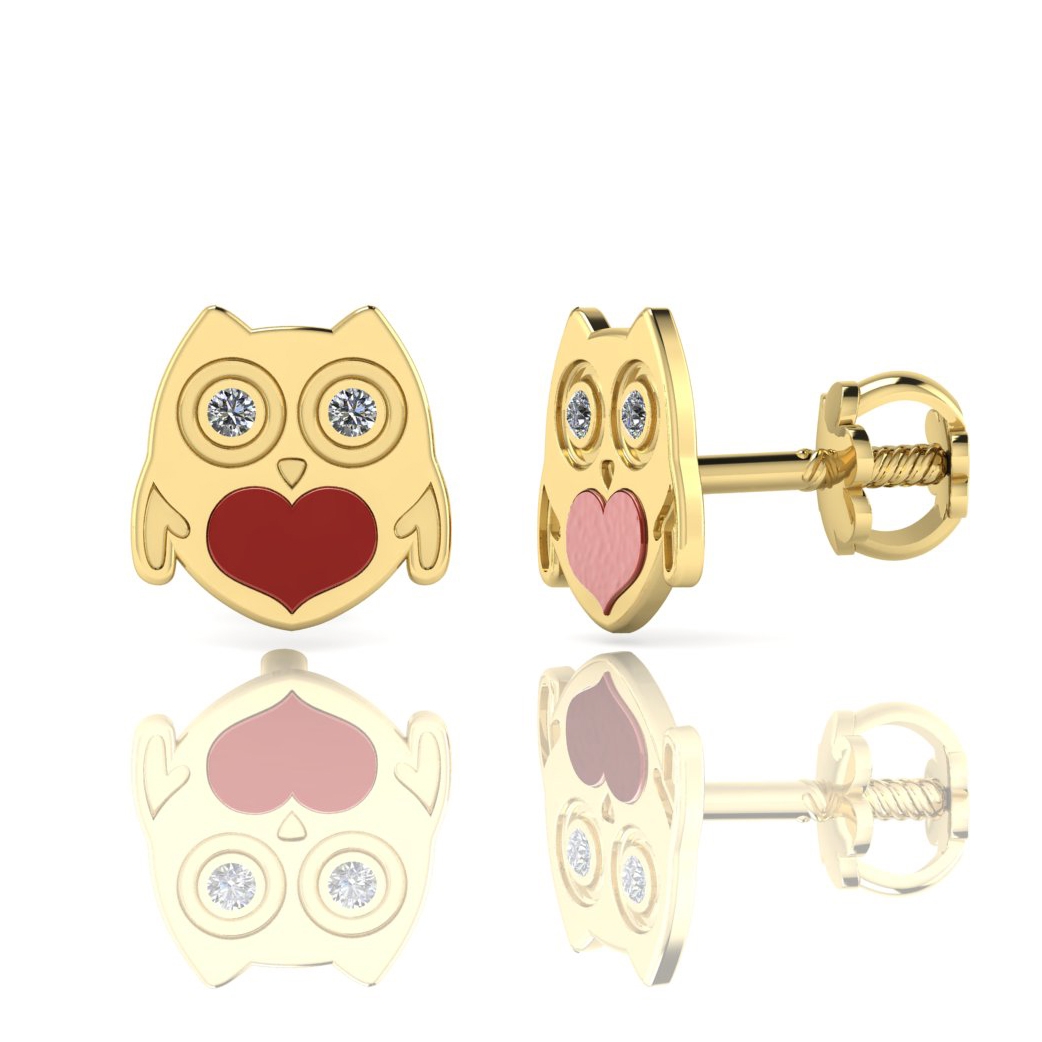 Cercei pentru bebe si fetite din aur 14k model bufnita cu diamante si colorit Rubinul