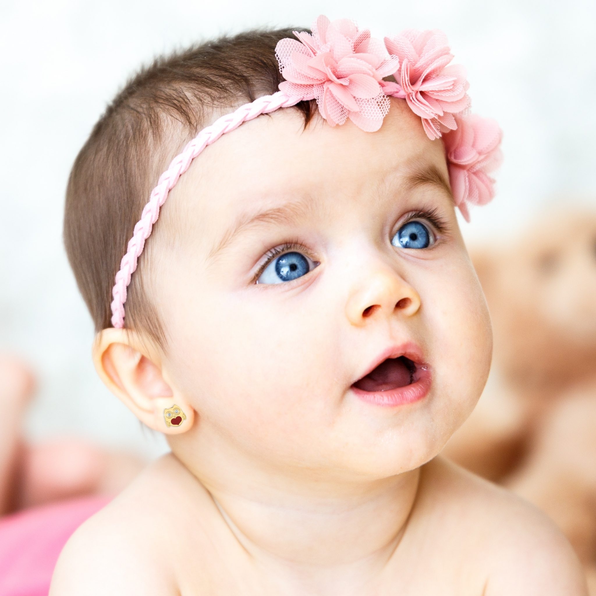 Cercei pentru bebe si fetite din aur 14k model bufnita cu diamante si colorit Rubinul - Image 2