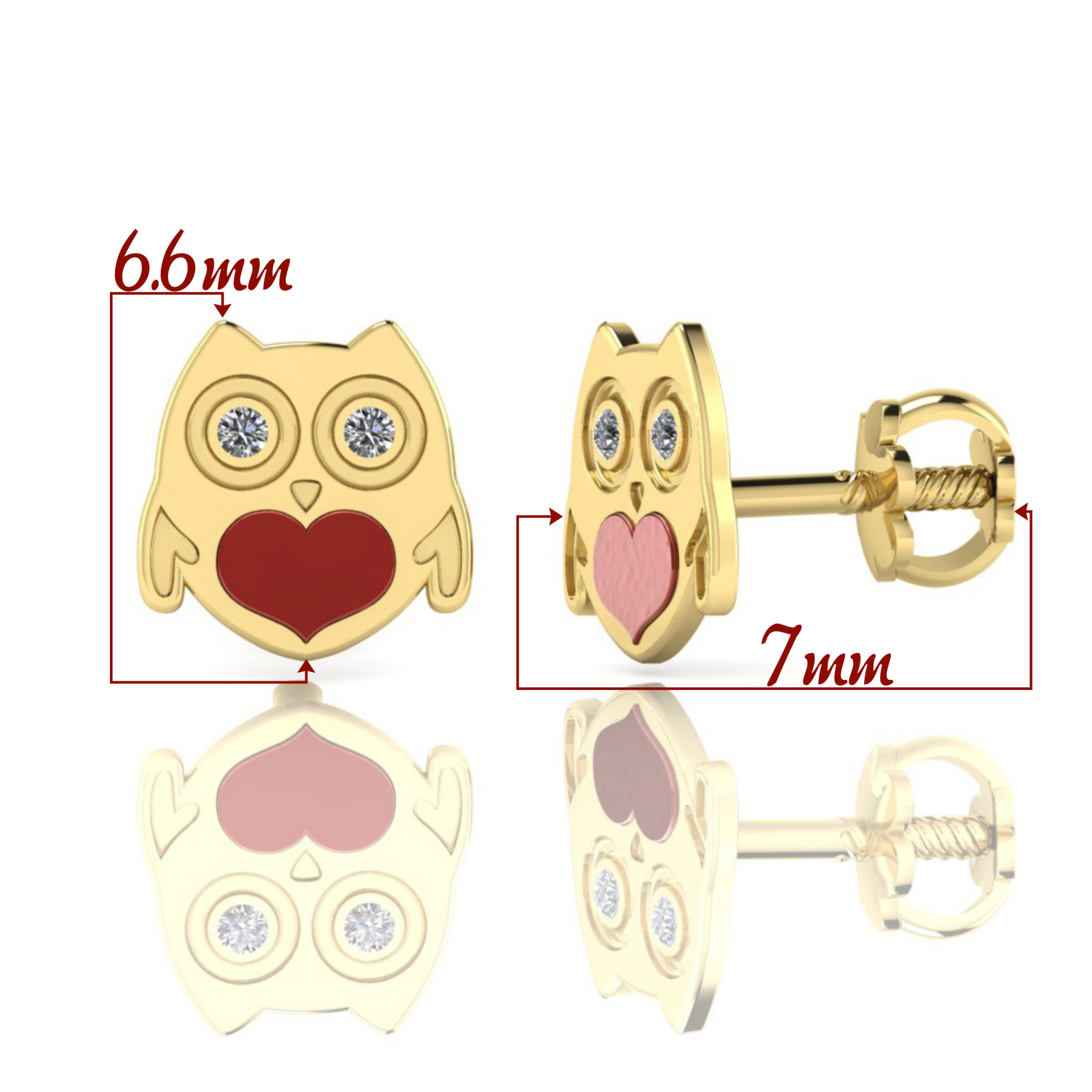 Cercei pentru bebe si fetite din aur 14k model bufnita cu diamante si colorit Rubinul - Image 3