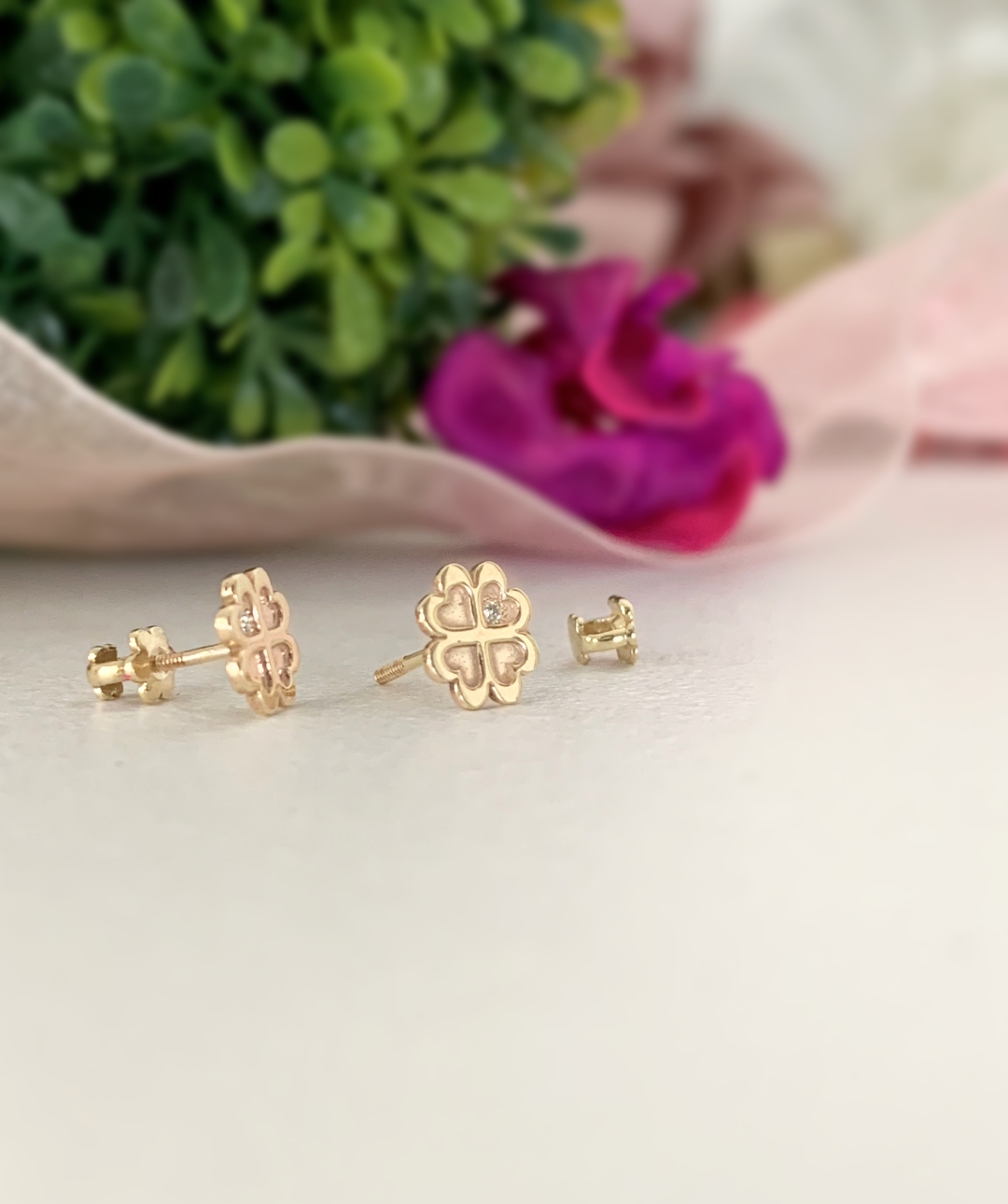 Cercei pentru bebe si fetite din aur galben 14K model trifoi cu diamant Rubinul - Image 2