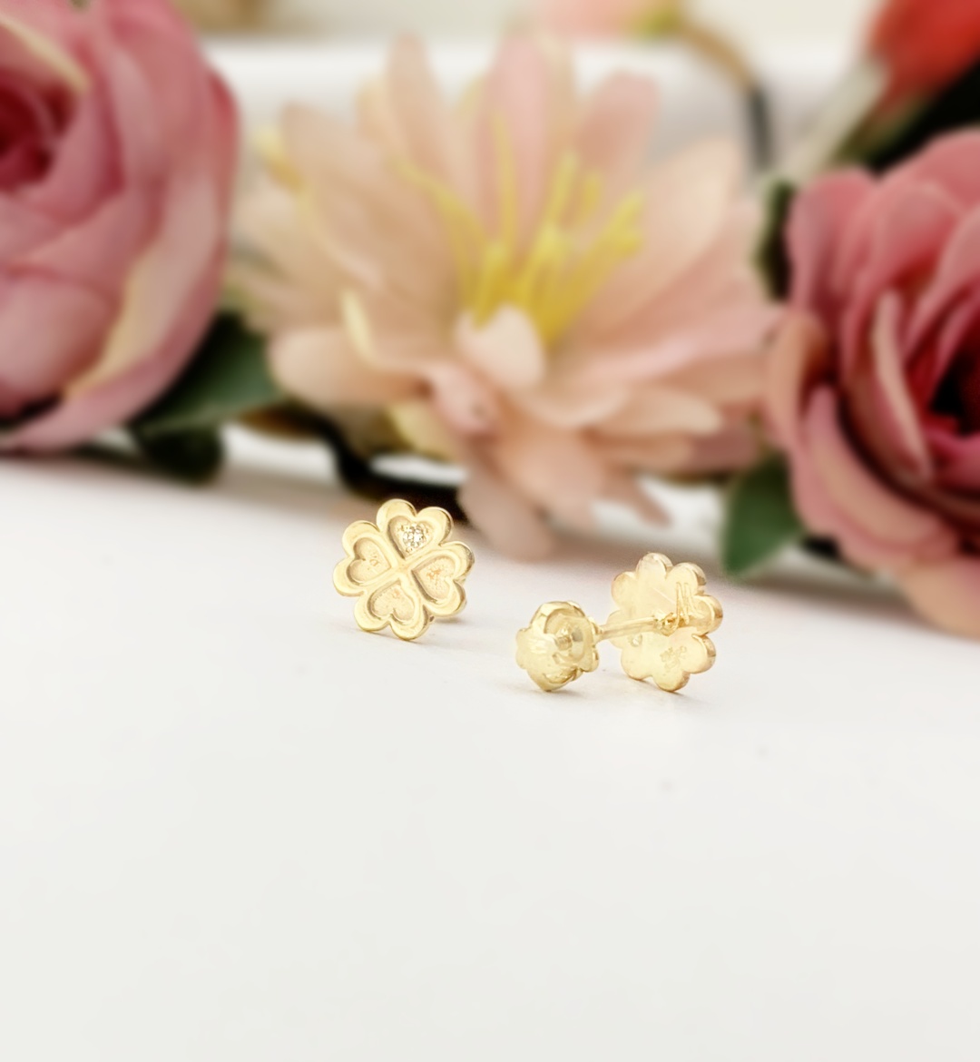 Cercei pentru bebe si fetite din aur galben 14K model trifoi cu diamant Rubinul - Image 3