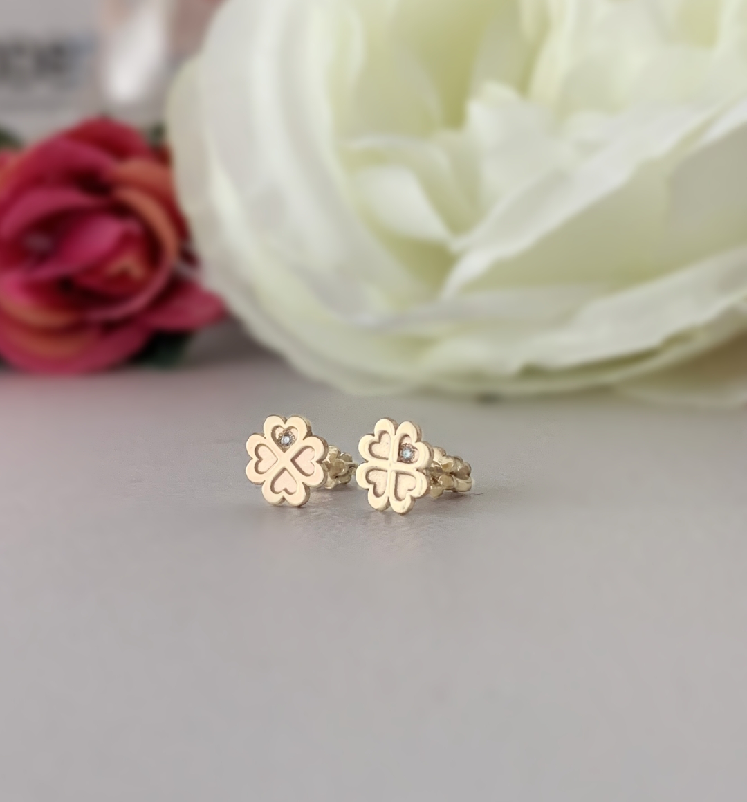 Cercei pentru bebe si fetite din aur galben 14K model trifoi cu diamant Rubinul - Image 4
