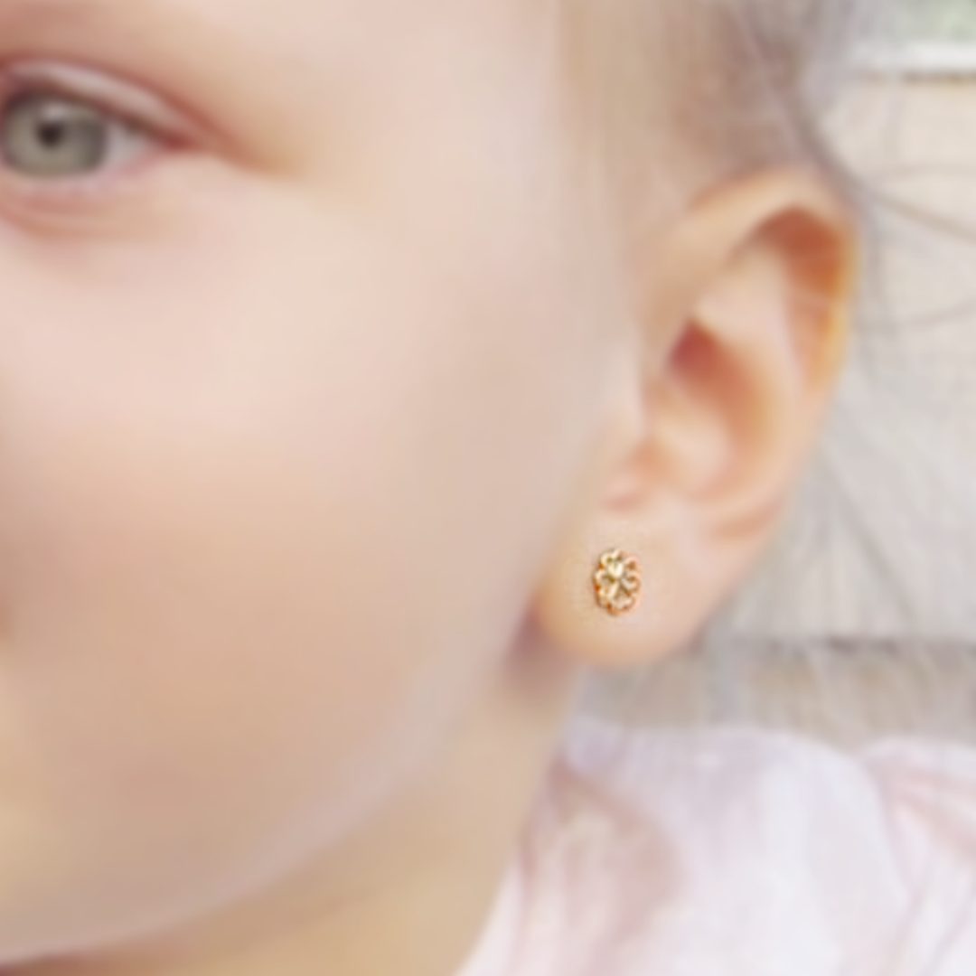 Cercei pentru bebe si fetite din aur galben 14K model trifoi cu diamant Rubinul - Image 5