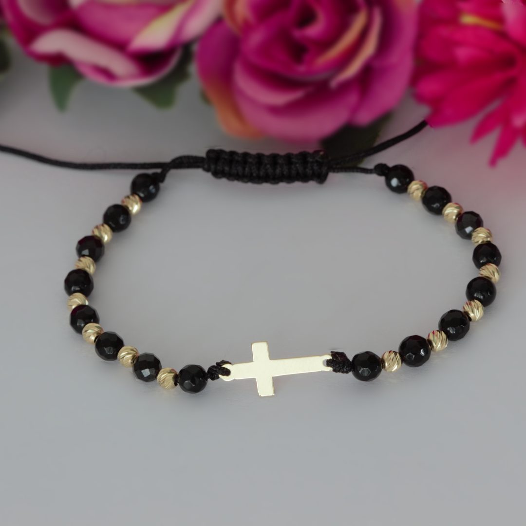 Bratara cruciulita cu bilute din aur 14K si pietre semipretioase onix Rubinul