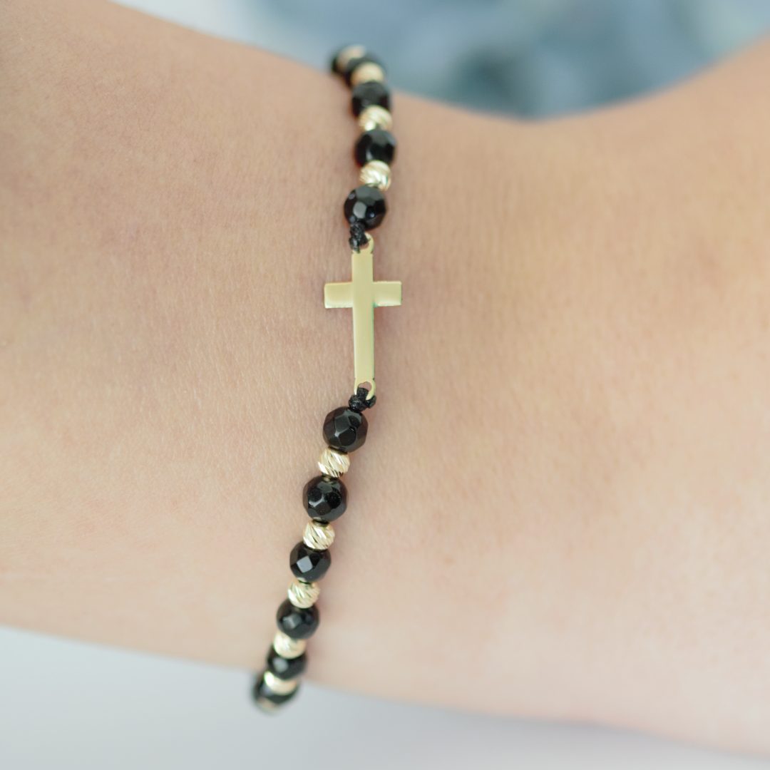 Bratara cruciulita cu bilute din aur 14K si pietre semipretioase onix Rubinul - Image 5